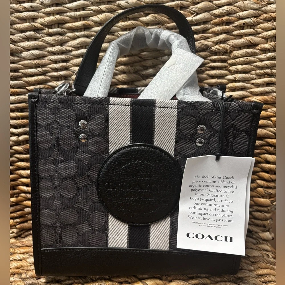 COACH Dumsy Black Monogram Nautical Stripe Tote 22